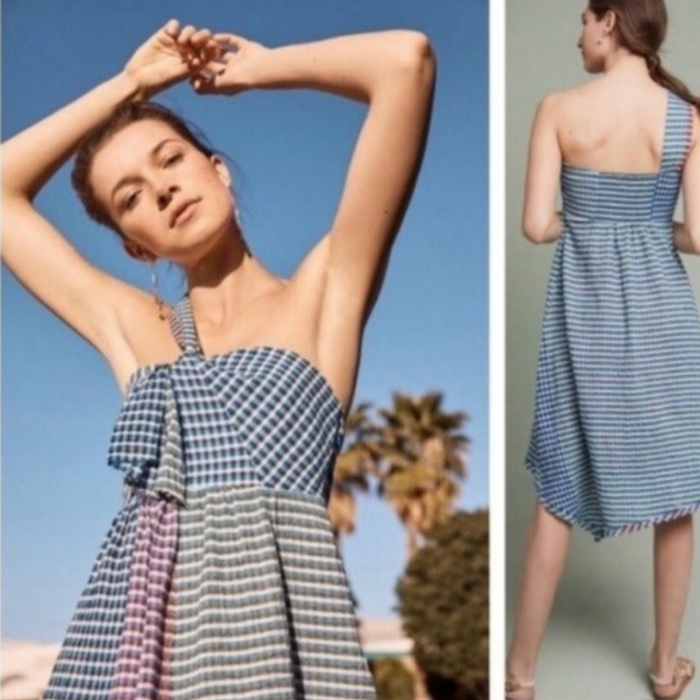 Anthro Maeve Waverly Gingham One Shoulder Dress